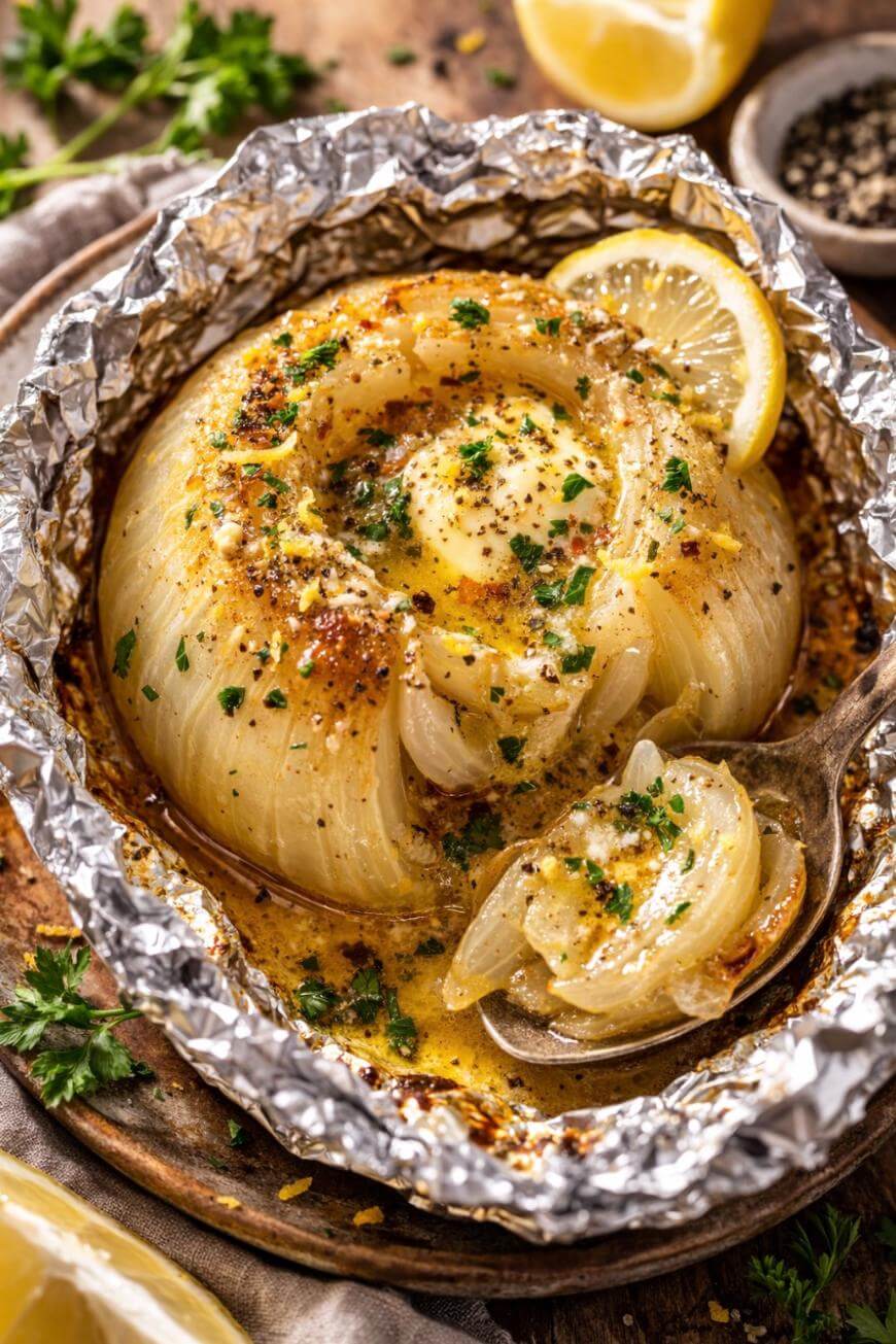 A baked onion topped with melted butter, herbs, and spices, served in foil with a lemon wedge and garnished with parsley. A spoon is scooping some of the tender onion.