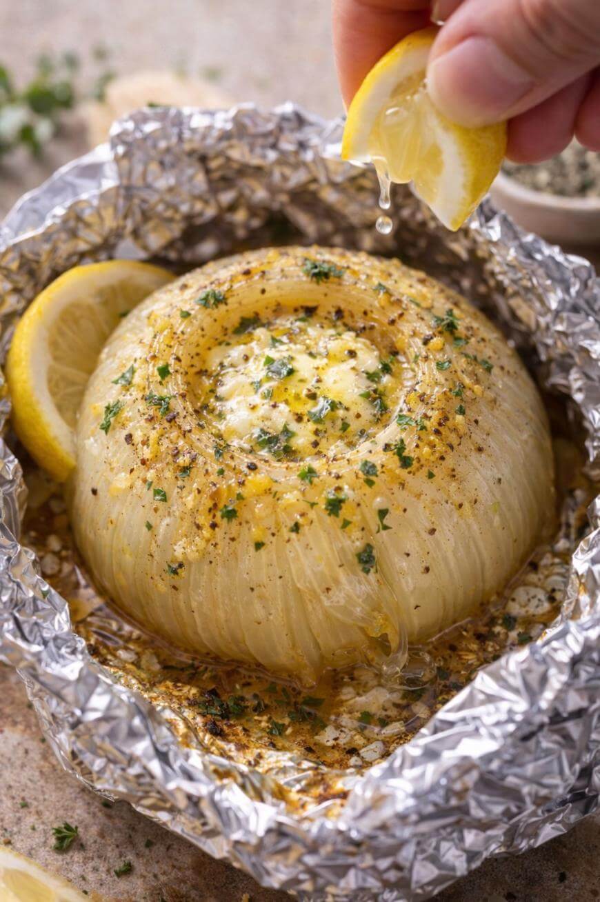 A whole roasted onion topped with melted butter and herbs sits in foil, with a hand squeezing a lemon wedge over it. Lemon slices are placed nearby.