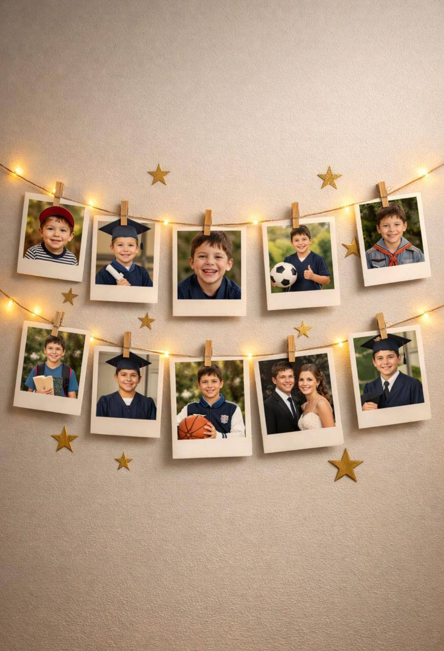 A string of fairy lights and golden stars on a wall displays nine photos showing a boy growing up, from childhood to graduation, plus a wedding photo, all clipped to the string with wooden clothespins.