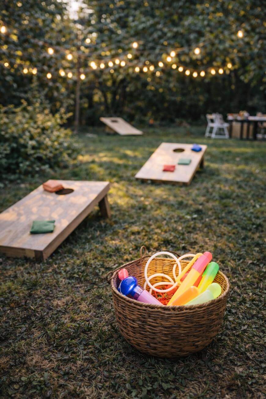 A wicker basket filled with colorful toys sits on grass in a backyard, with two cornhole boards and beanbags nearby. String lights hang above, and trees and an outdoor table are visible in the background.