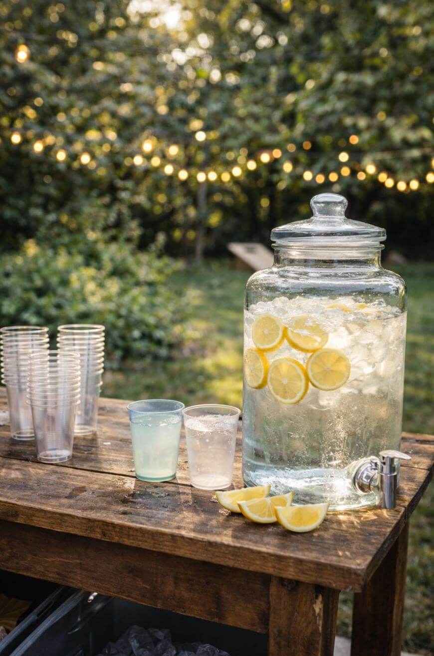 A large glass dispenser filled with ice water and lemon slices sits on a wooden table outdoors, surrounded by plastic cups, with lemon wedges and festive string lights in the background.