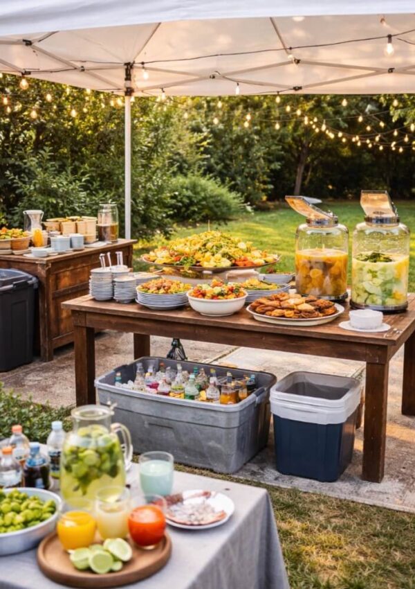 Outdoor buffet under a canopy with salads, fruit, and drinks on wooden tables, jars of infused water, assorted beverages in a bin of ice, and string lights overhead; greenery in the background.