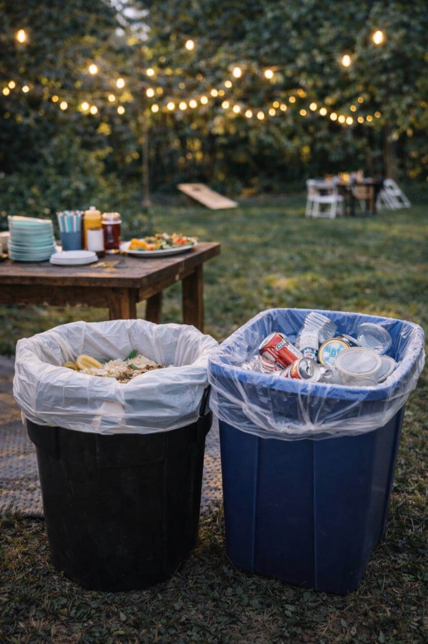 Two trash bins, one black with food waste and one blue with recyclables like cans and cups, stand on grass at an outdoor event. A table with food and string lights are visible in the background.