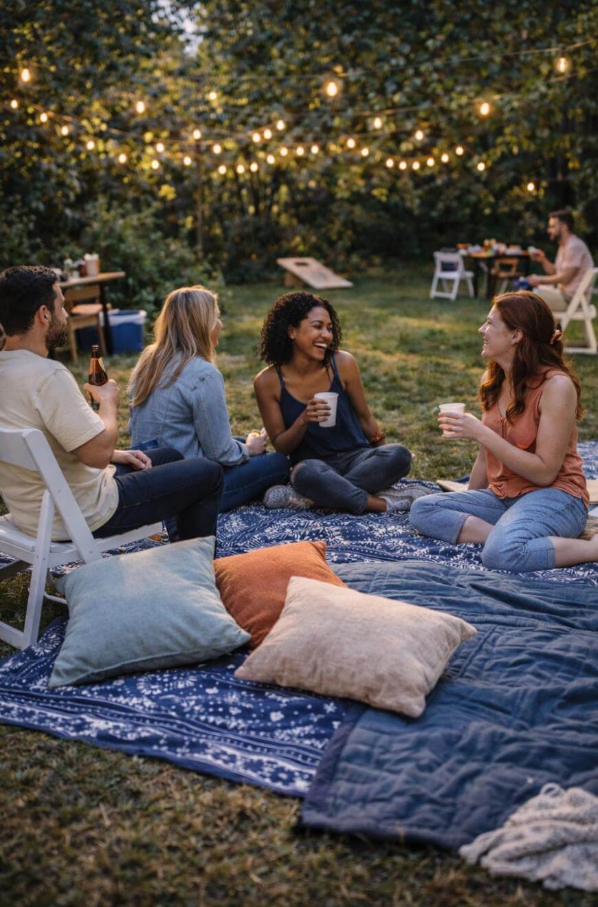 Four people sit on blankets and chairs outdoors, talking and smiling at a picnic. String lights hang above, with tables and more people in the background. The setting is grassy and surrounded by trees. Pillows are on the blanket.