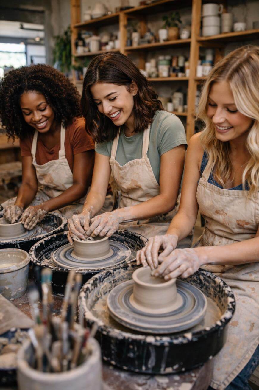 Three women wearing aprons smile and shape clay on pottery wheels in a ceramics studio, surrounded by pottery tools, shelves, and finished pieces.