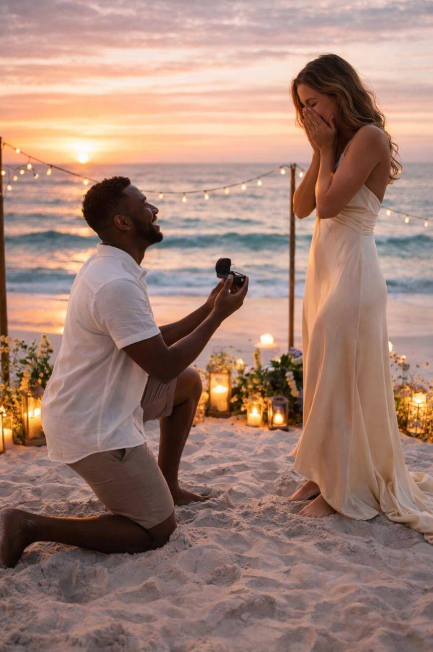 A man kneels on the sand at sunset, holding an open ring box to propose to a surprised woman in a white dress. The scene is decorated with string lights and candles by the ocean.