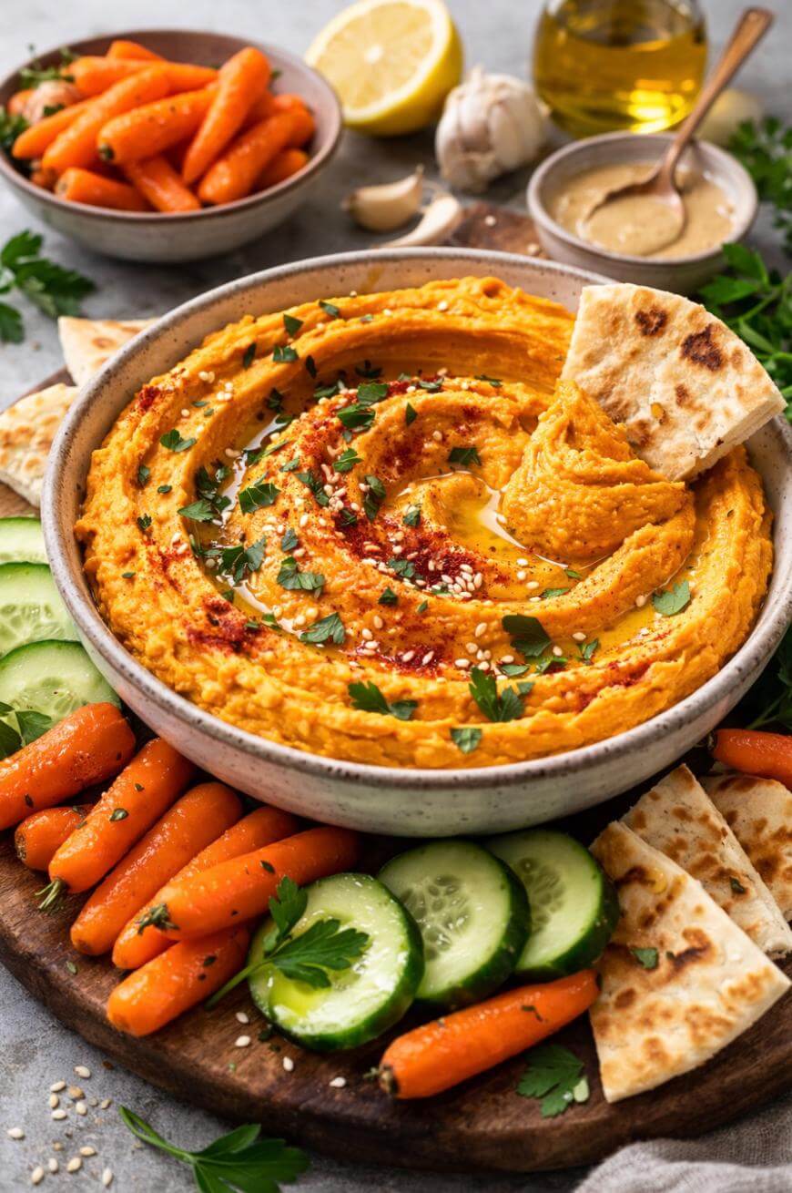 A bowl of carrot hummus topped with sesame seeds and parsley, surrounded by pita bread, cucumber slices, and baby carrots on a wooden board. Bowls of more carrots and ingredients are in the background.
