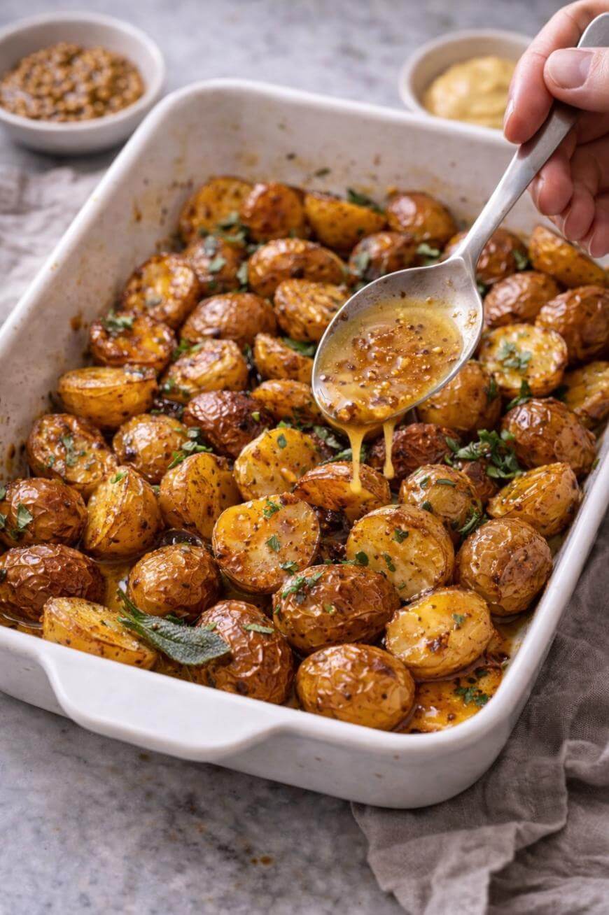 A hand spoons a buttery sauce over roasted baby potatoes in a white baking dish, garnished with fresh herbs. Small bowls with spices and sauce are visible in the background.