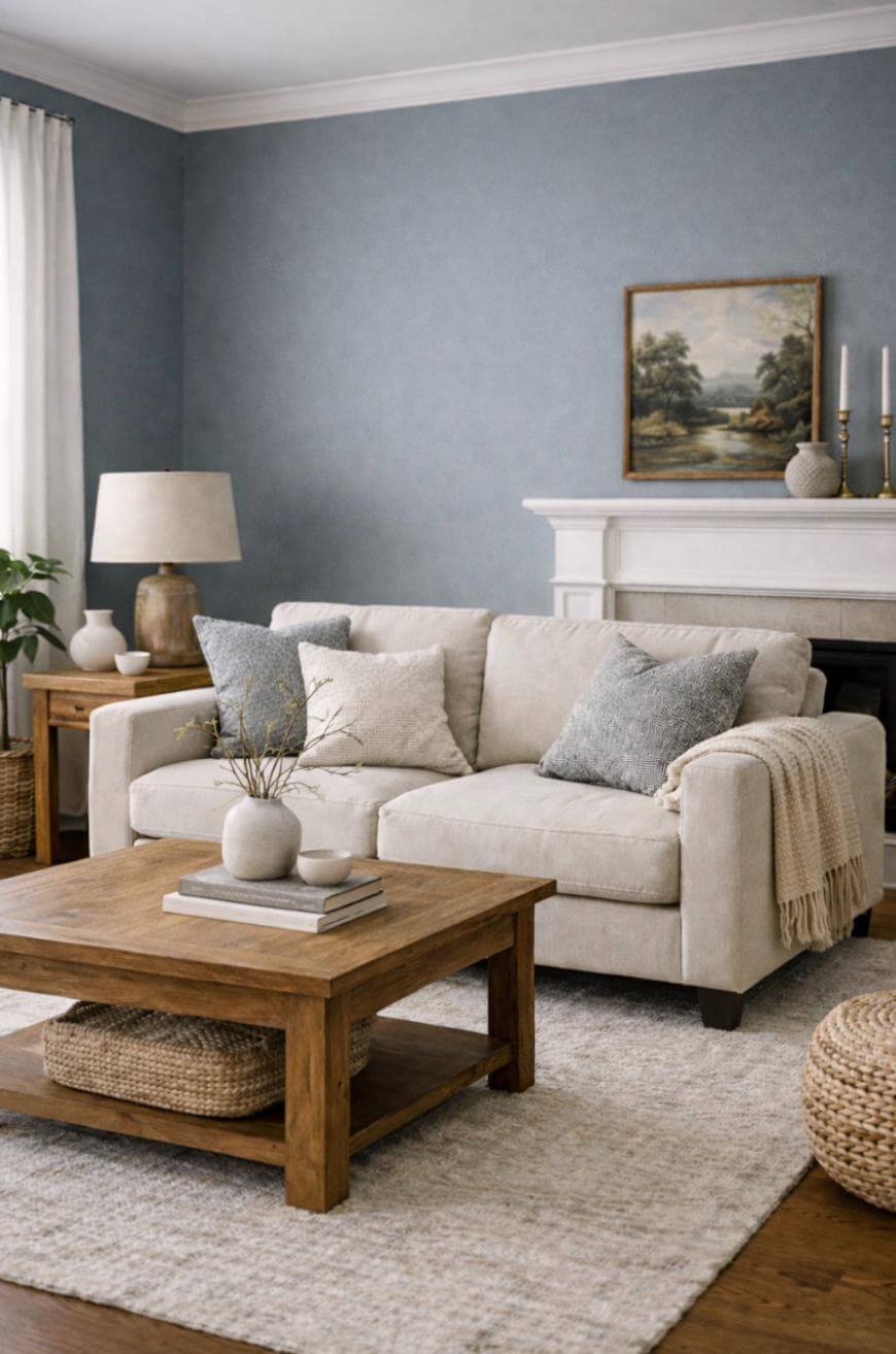 A cozy living room with a beige sofa, neutral pillows, a wooden coffee table with books and a vase, a textured rug, and a fireplace with decor. The walls are painted a soft blue and a landscape painting hangs above the mantel.