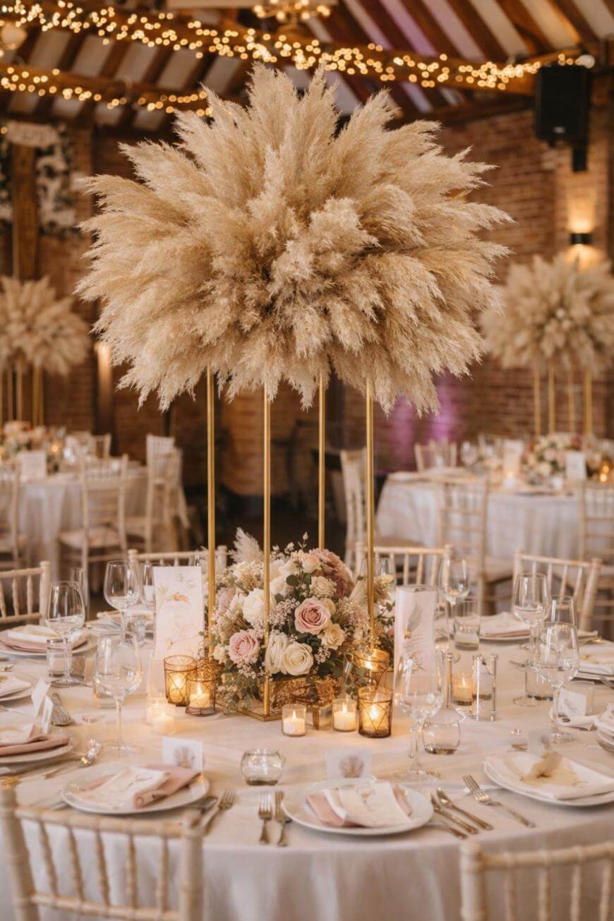 Elegant wedding reception table with a tall centerpiece of pampas grass, roses, and greenery, surrounded by candles and neatly arranged table settings in a warmly lit, rustic venue with fairy lights overhead.