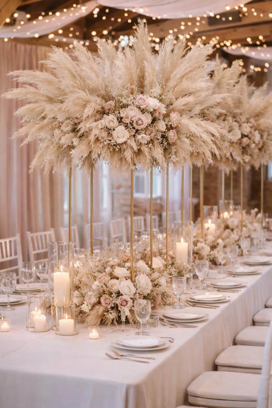 Elegant wedding table setting with white linens, tall gold stands holding large pampas grass and rose centerpieces, surrounded by candles, glassware, and white chairs, beneath string lights and draped fabric.