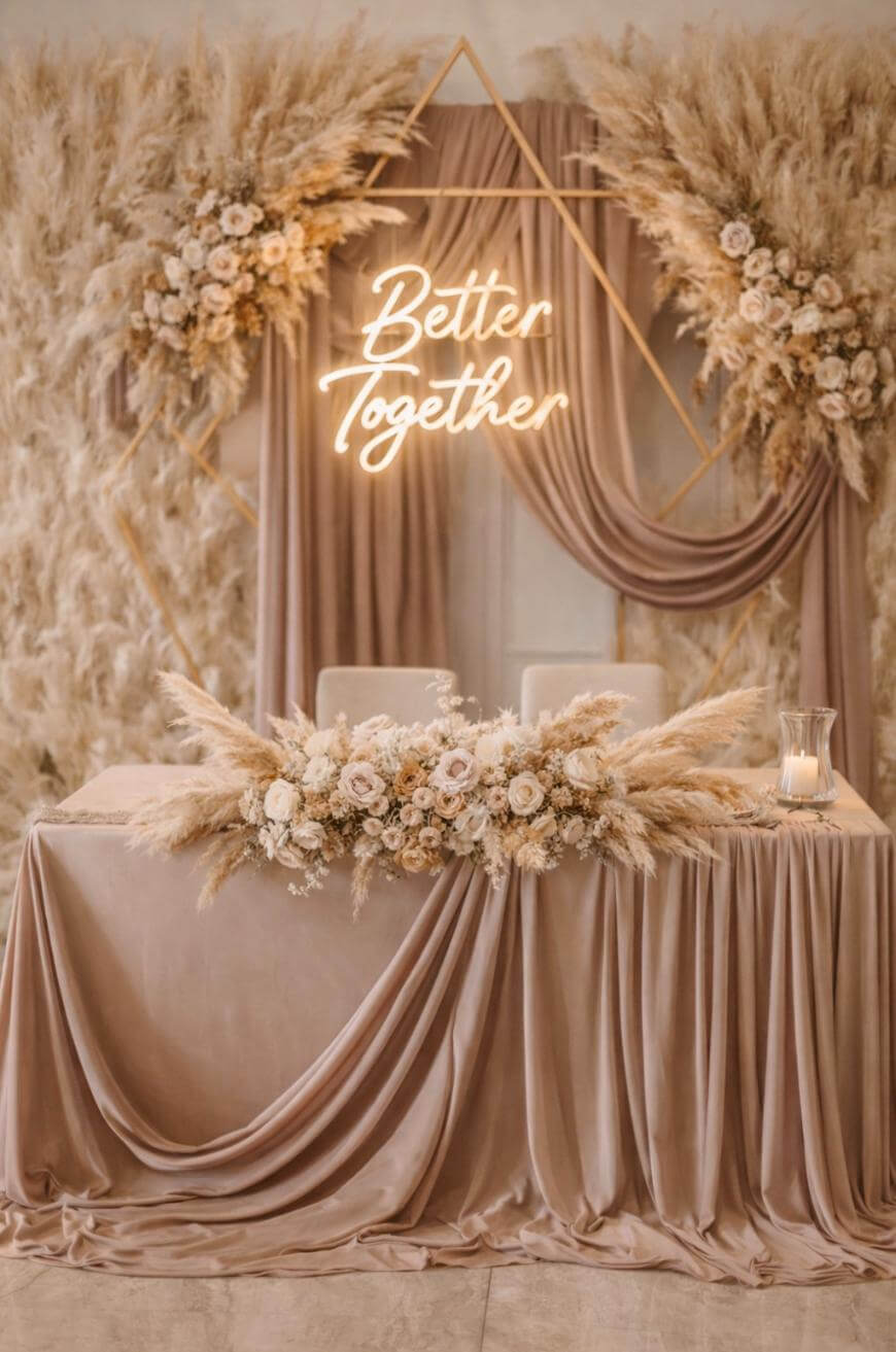 A wedding sweetheart table with taupe drapery, a floral arrangement of pampas grass and white roses, and a neon sign reading “Better Together” above the table. Pampas grass and flowers decorate the backdrop.