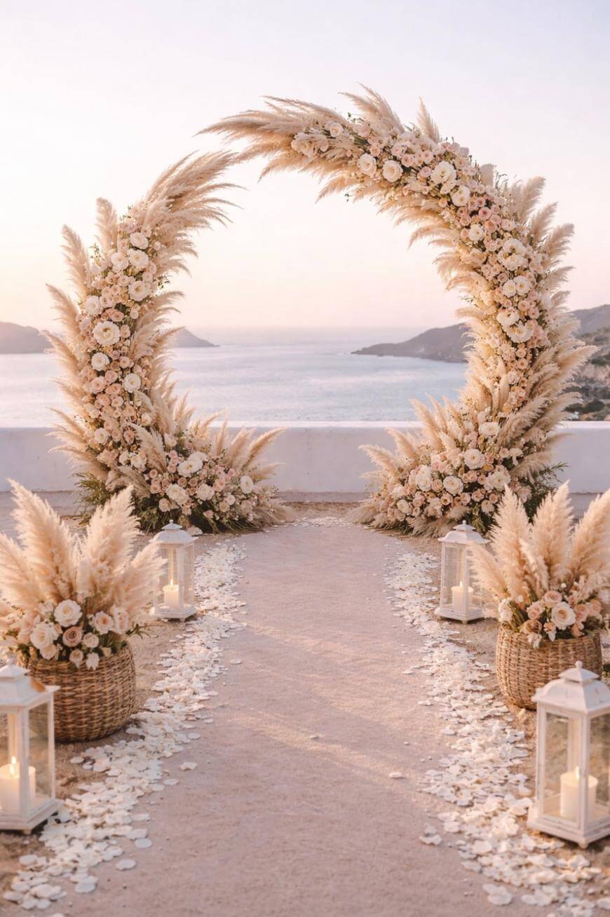 A romantic outdoor wedding setup with a circular floral arch of pampas grass and white flowers, lanterns along a petal-strewn aisle, overlooking a serene sea and distant hills at sunset.