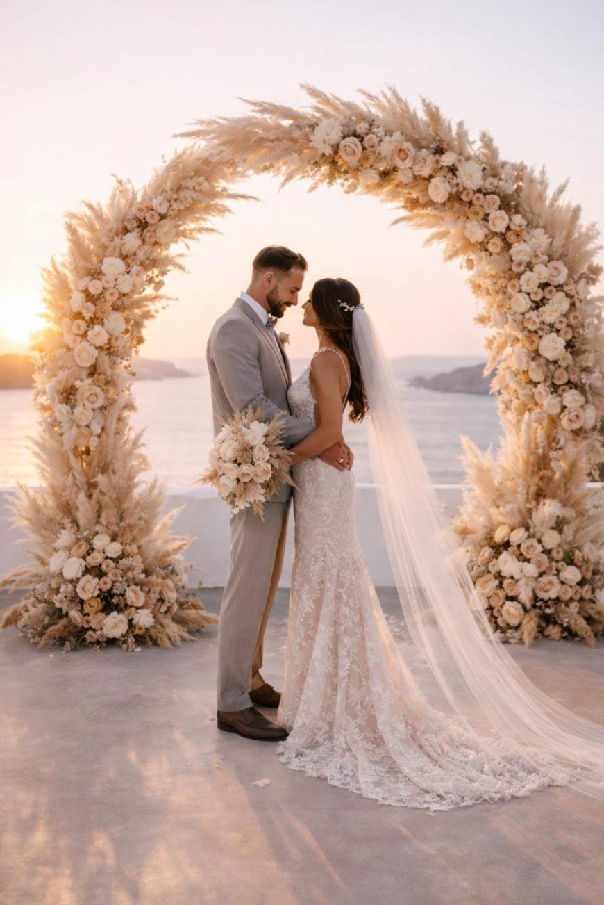 A bride and groom stand embraced under a floral arch at sunset, with the bride in a lace gown and long veil holding a bouquet, and the groom in a light suit. Ocean and mountains are visible in the background.
