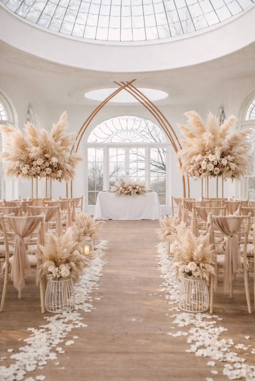 An elegant indoor wedding setup with a wooden aisle covered in white rose petals, chairs draped in blush fabric, and large pampas grass and flower arrangements. A table is placed at the front beneath a glass dome ceiling.