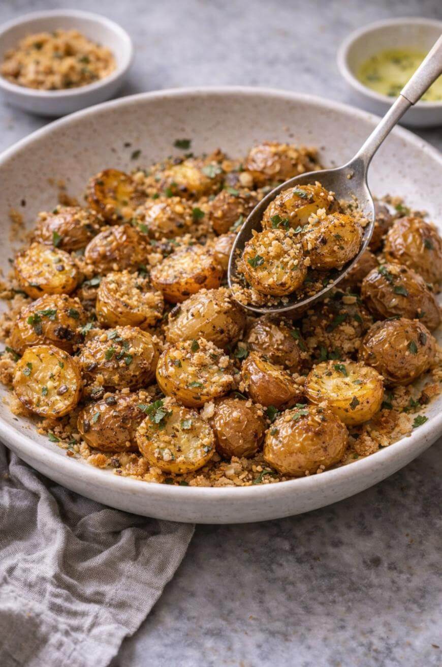A bowl of roasted baby potatoes topped with breadcrumbs and herbs, with a spoon lifting some potatoes. There are small bowls of dip and extra breadcrumbs in the background on a gray surface.