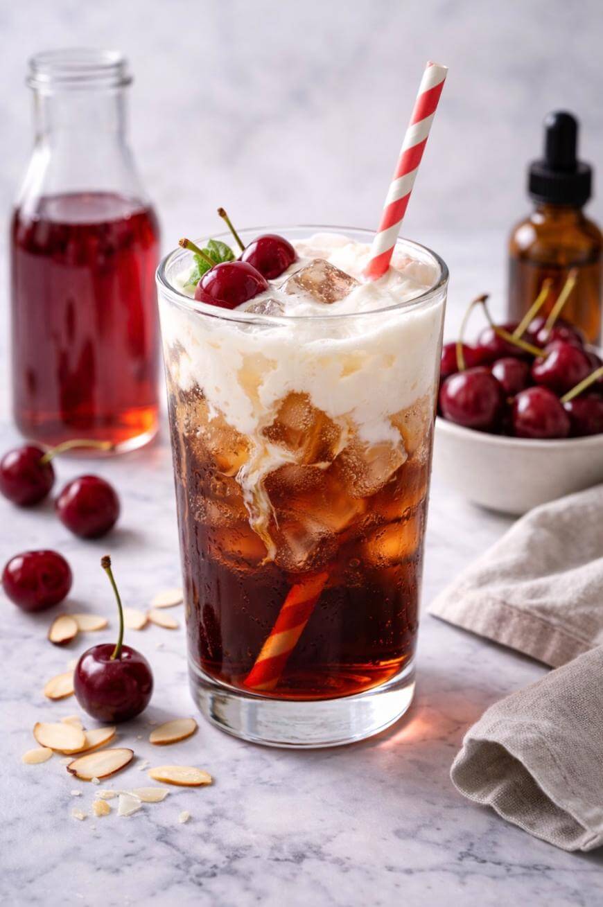 A glass of iced coffee topped with cream, garnished with two cherries and a red-striped straw. Fresh cherries, almond slices, a bowl of cherries, a small bottle, and a cloth napkin are nearby on a marble surface.