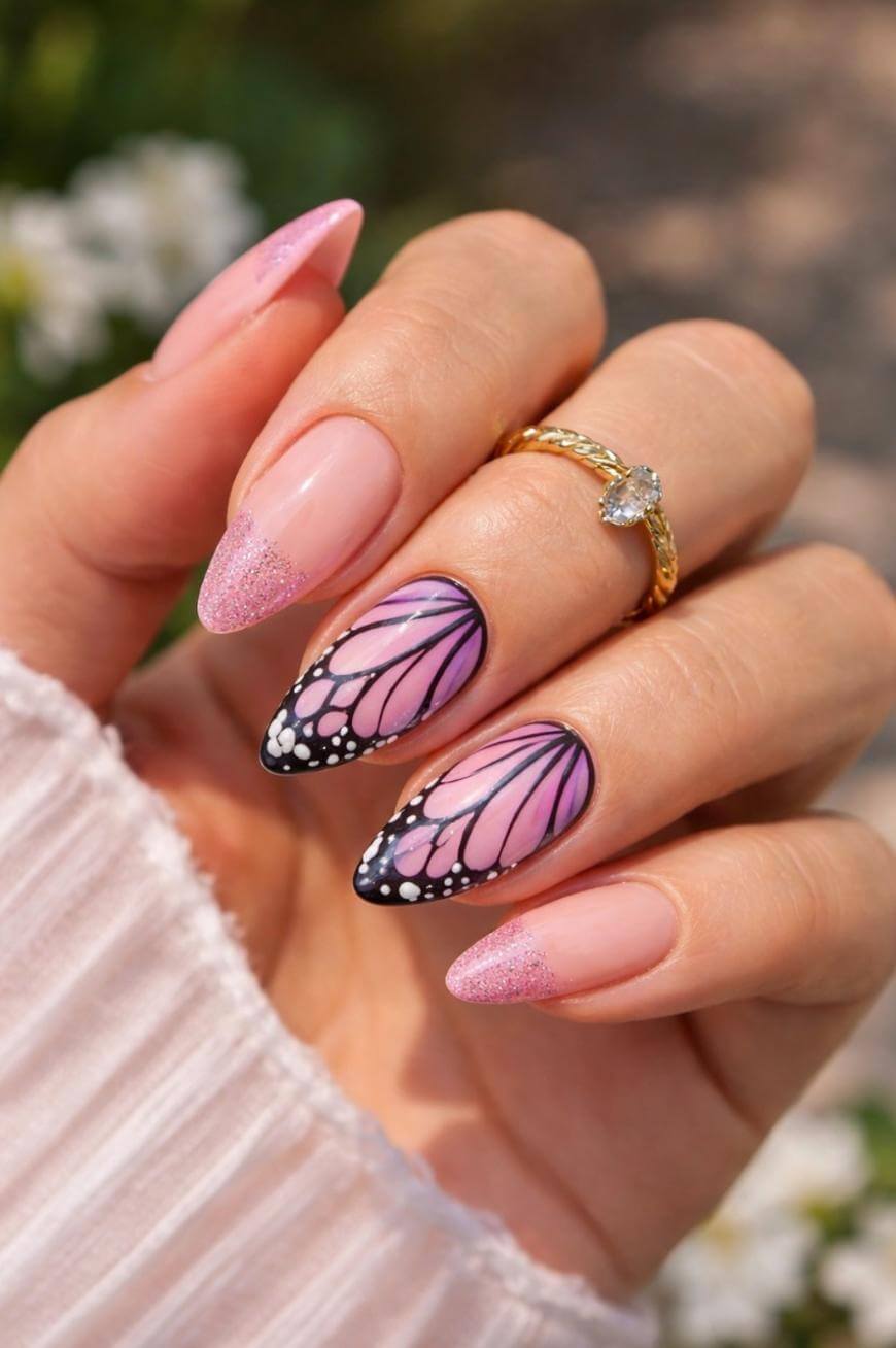 A hand with long, almond-shaped nails features a pink manicure with two nails painted like butterfly wings. The others have pink glitter tips. The hand wears a gold ring with a heart-shaped stone.