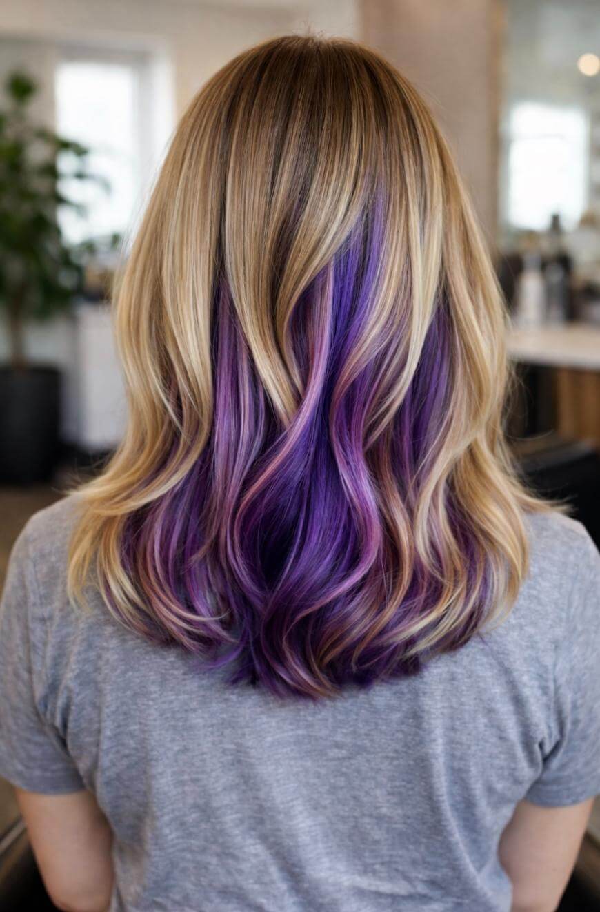 A person with shoulder-length wavy hair, featuring blonde highlights on top and vibrant purple tones underneath, wears a gray shirt in a bright indoor setting.