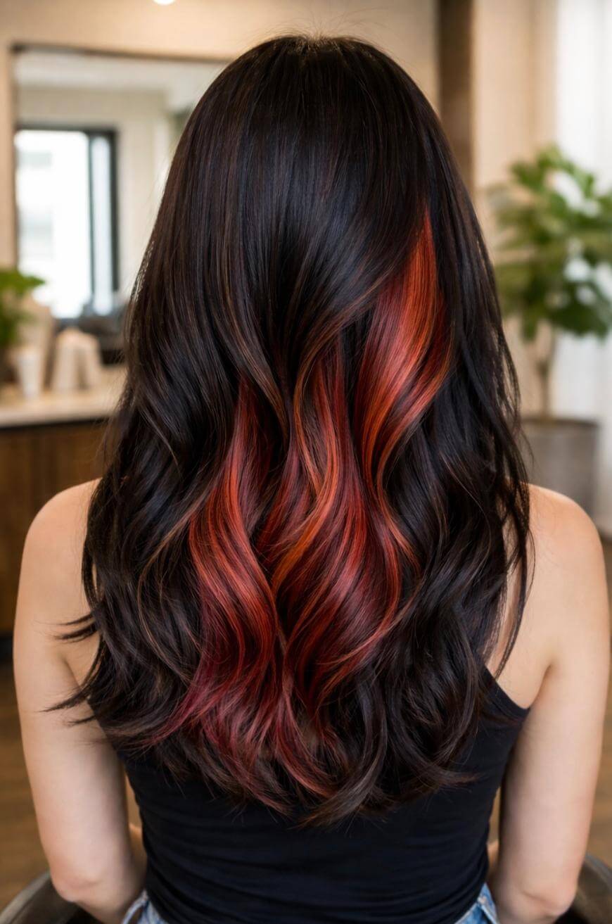 A person with long, wavy dark hair featuring vibrant red highlights is shown from the back, seated indoors in a modern, well-lit room with plants and mirrors visible in the background.