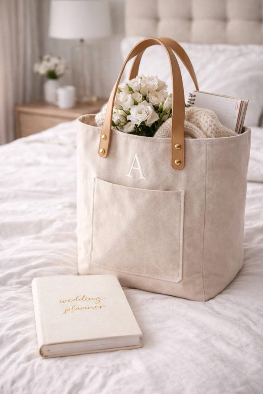 A beige tote bag with tan leather handles, monogrammed with the letter A, sits on a bed. Inside are white flowers, a notebook, and a blanket. A wedding planner book lies on the bed in front of the bag.