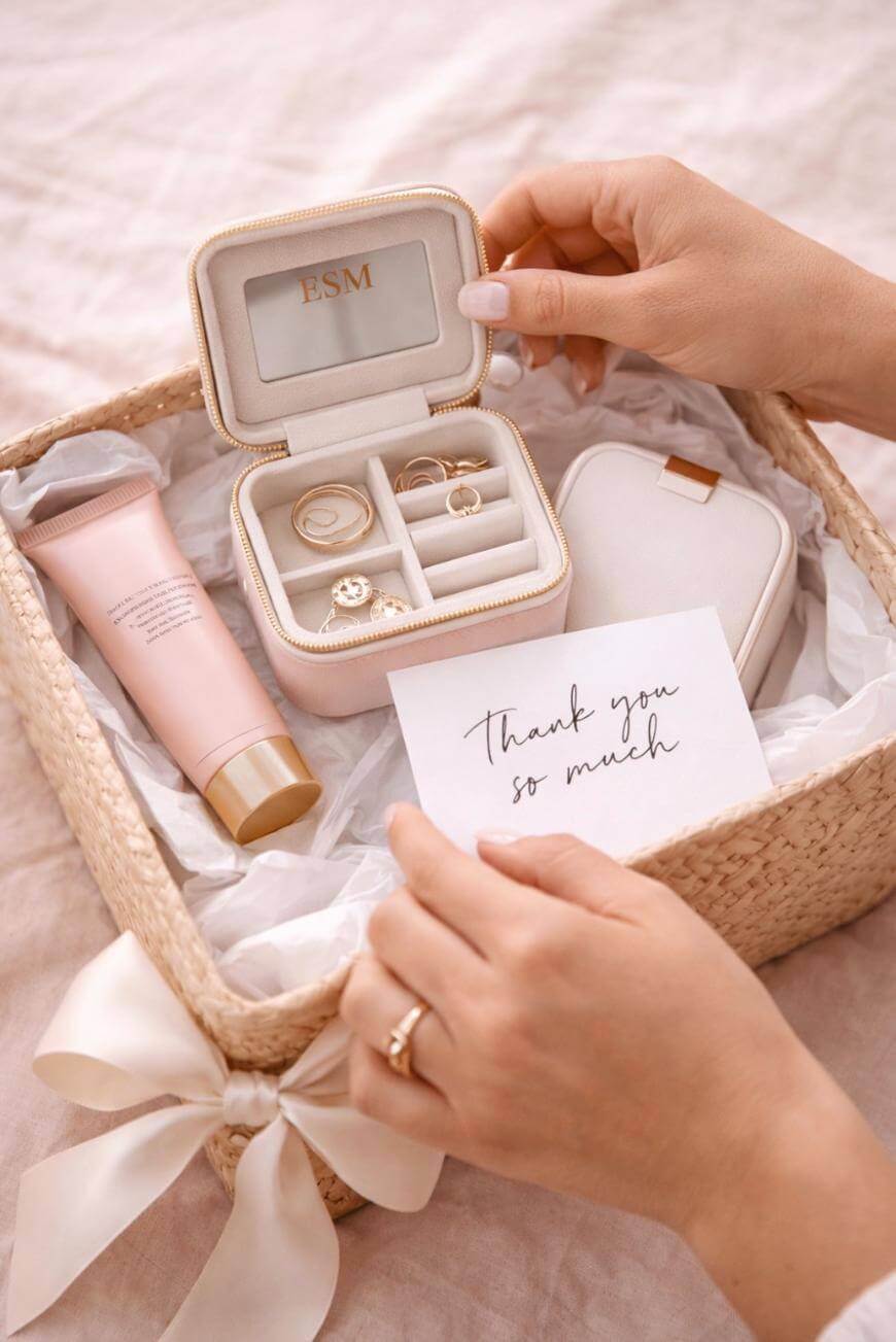A hand holds a card reading “Thank you so much” over a woven gift box containing a pink jewelry case with rings and earrings, and a pink tube of lotion, all set on pale tissue paper.