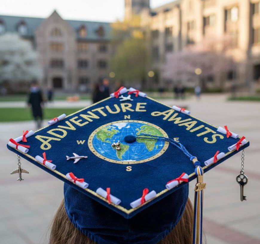 A graduation cap decorated with a world map, compass design, airplane and key charms, and the words “ADVENTURE AWAITS,” worn by a graduate outdoors on a campus with historic buildings in the background.