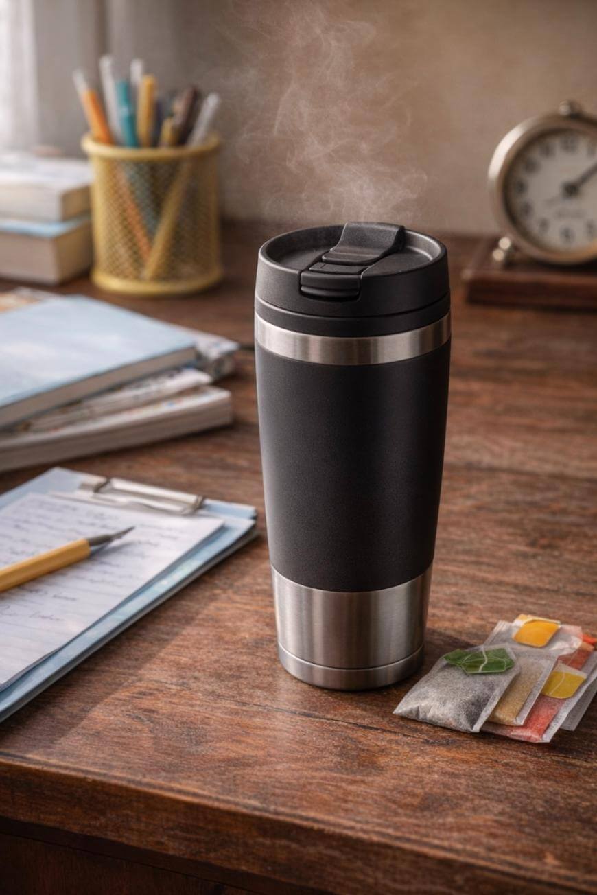 A steaming travel mug sits on a wooden desk near an open notebook with a pen, a stack of folders, an analog clock, a pencil holder with stationery, and a packet of assorted tea bags.