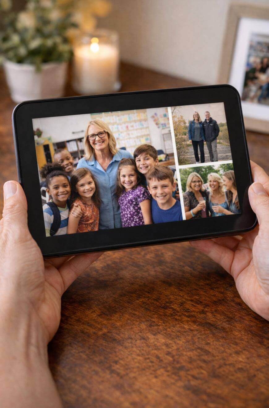 A person holds a tablet displaying a collage of photos, including a group of smiling children with an adult woman, and two smaller images of adults outdoors. The tablet is on a wooden table with a candle and plant in the background.