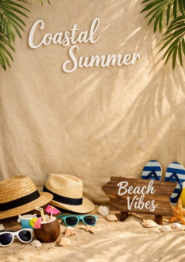 A beach-themed setup with hats, sunglasses, seashells, a coconut drink, flip-flops, and a Beach Vibes sign on sand, with Coastal Summer written above against a beige backdrop and palm leaves hanging overhead.