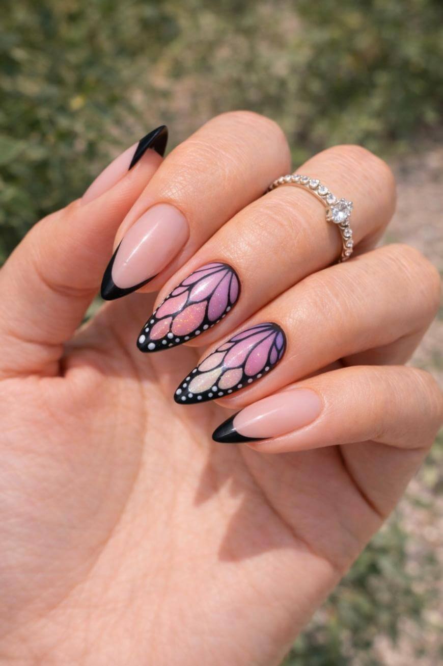 A hand with long, almond-shaped nails features a manicure with black French tips and two accent nails decorated with pink and black butterfly wing designs, dotted in white. The person wears a delicate ring with a small gemstone.