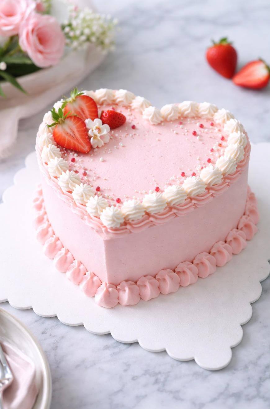 A heart-shaped pink cake with white and pink piped frosting, decorated with fresh strawberries and small white flowers, sits on a white scalloped tray on a marble surface.