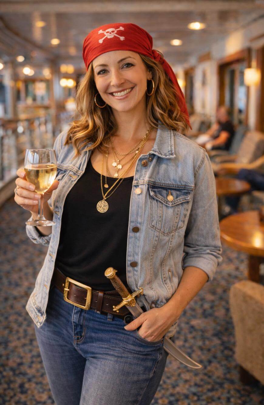 A smiling woman dressed as a pirate stands indoors, holding a glass of white wine. She wears a red bandana with a skull and crossbones, layered necklaces, a denim jacket, and has a toy sword tucked into her belt.