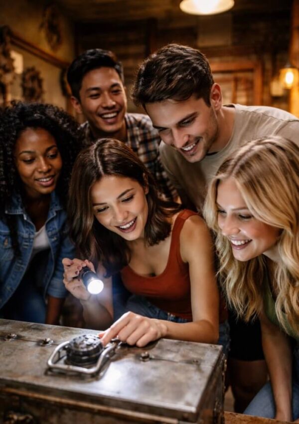 Five young adults enthusiastically gather around a locked chest, one holding a flashlight while another works on the lock, appearing engaged and excited in a dimly lit, rustic room.