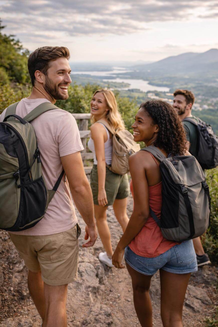 Four friends with backpacks smile and walk along a scenic hiking trail on a mountain, with greenery and a distant lake and mountains visible under a partly cloudy sky.