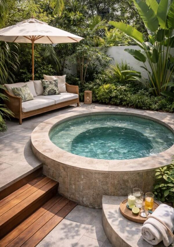 A small round hot tub surrounded by lush green plants, with a wicker sofa and umbrella to the side. Towels and drinks sit on a stone bench nearby, creating a relaxing backyard oasis.