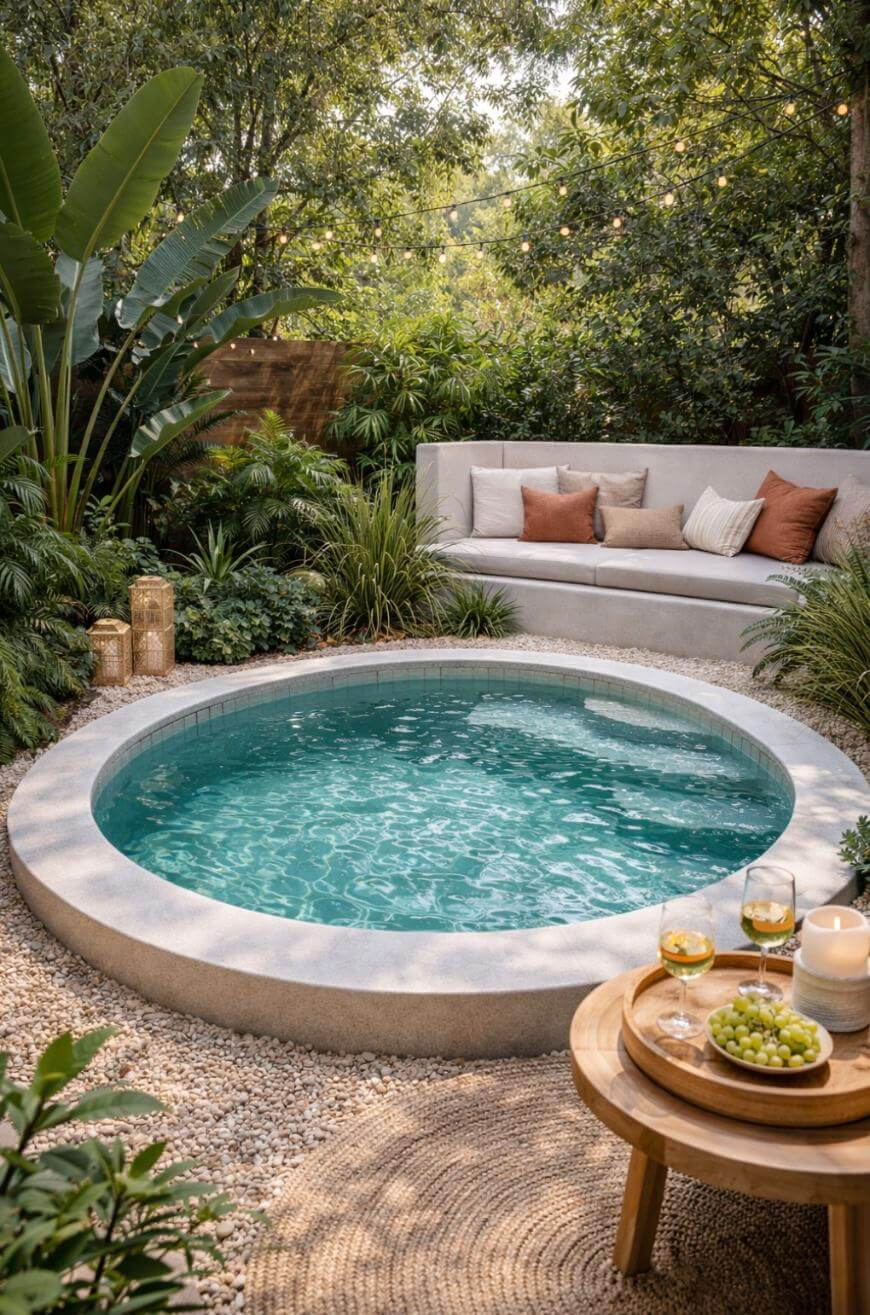 A small circular pool surrounded by lush greenery, a cozy outdoor sofa with cushions, a round table with wine, grapes, and a candle, and soft string lights creating a relaxing garden atmosphere.