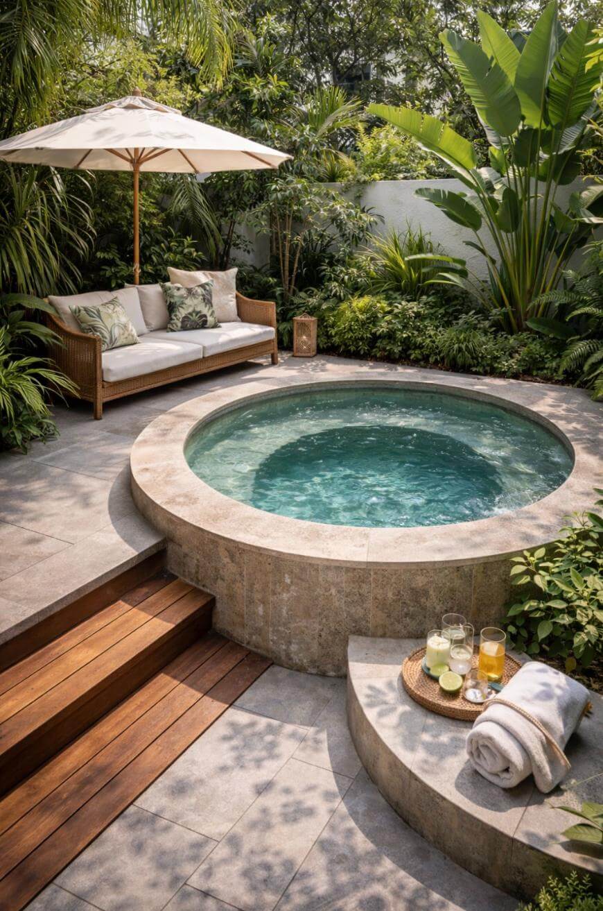 A circular stone hot tub sits in a lush garden, surrounded by tropical plants. Nearby, a wooden lounge sofa with cushions rests under a white umbrella. Towels and drinks are placed on the steps by the tub.