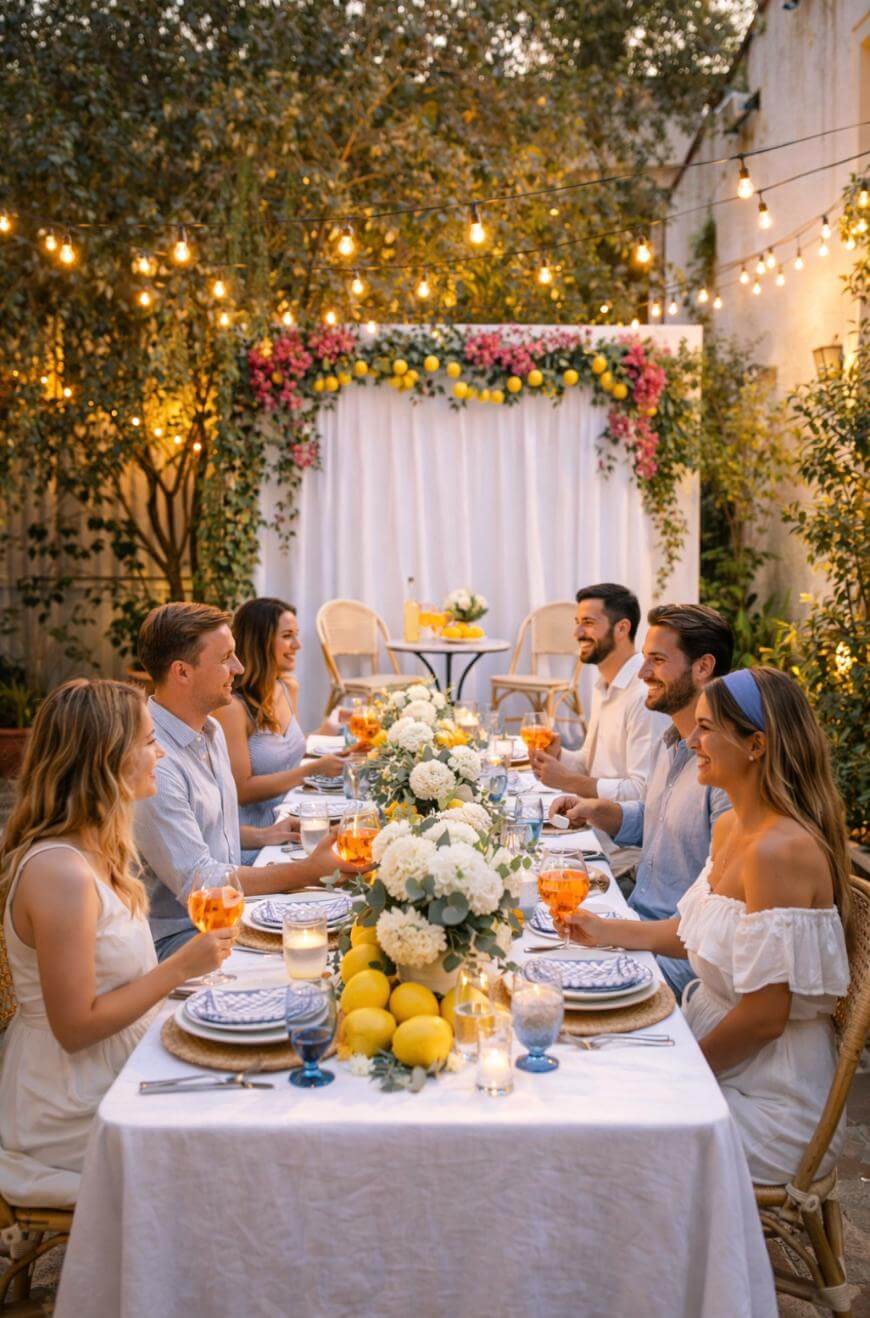 Six people sit at a beautifully decorated outdoor dining table under string lights, surrounded by greenery and flowers. They are smiling and enjoying drinks at a summery, elegant gathering.