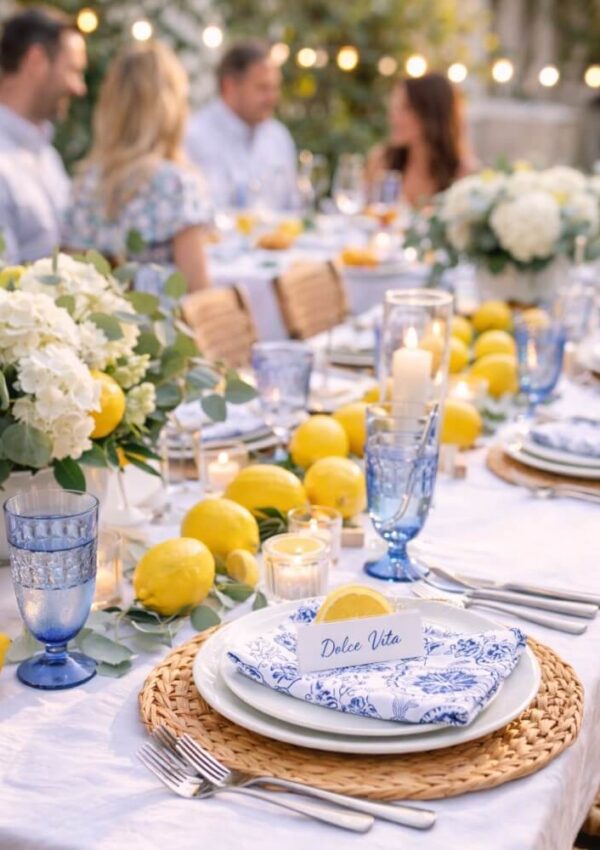 A beautifully set outdoor dining table with blue glasses, white floral arrangements, lemons, candles, and plates with “Dolce Vita” cards; blurred people sit and talk in the background under string lights.