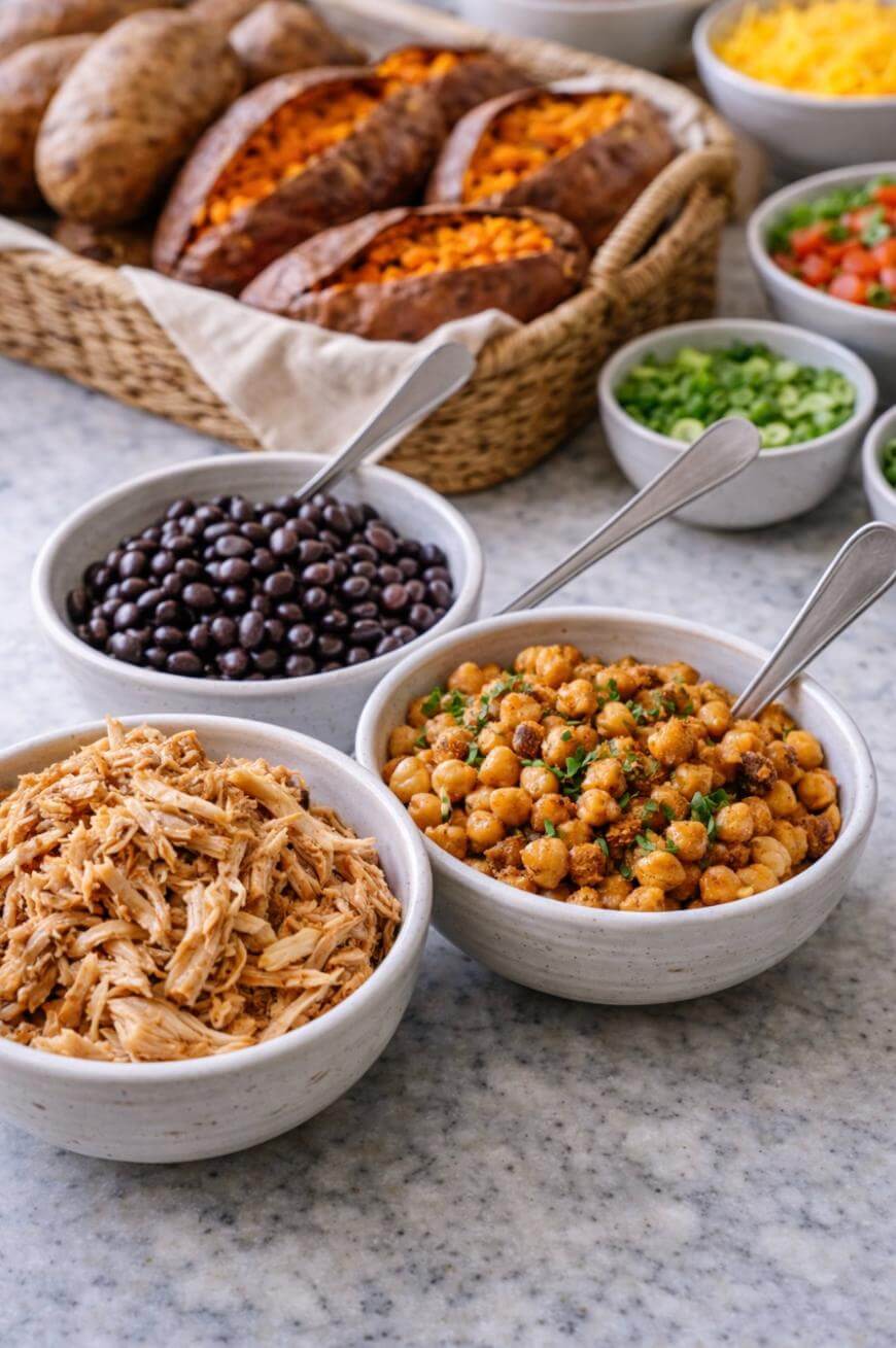 Three bowls with shredded chicken, seasoned chickpeas, and black beans are on a counter, with baked sweet potatoes and various fresh toppings in the background. Spoons are placed in each bowl for serving.