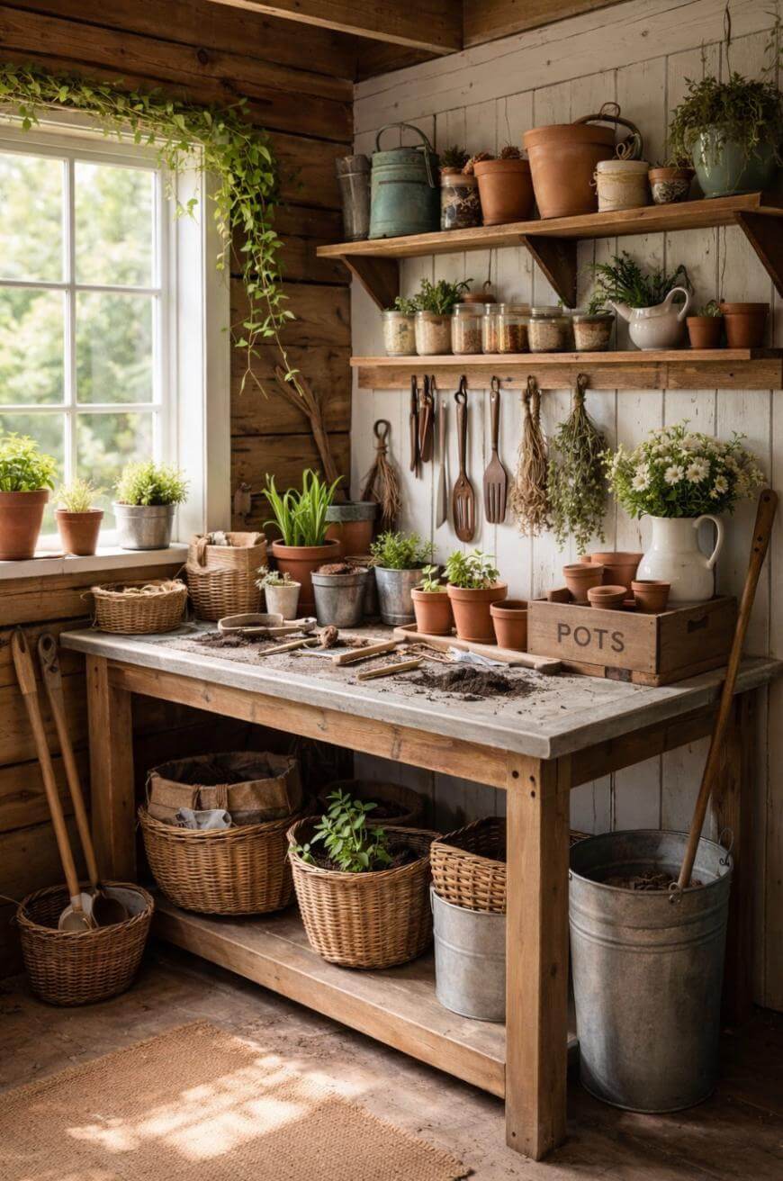 A rustic potting shed with a wooden workbench, potted plants, gardening tools hanging on the wall, wicker baskets, and shelves filled with pots and jars. Sunlight streams through a window, creating a cozy, organized atmosphere.