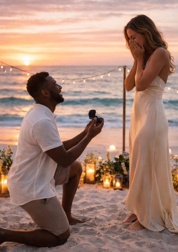 A man kneels on a sandy beach at sunset, holding an open ring box and proposing to a surprised woman in a white dress. String lights and candles surround them, with the ocean in the background.