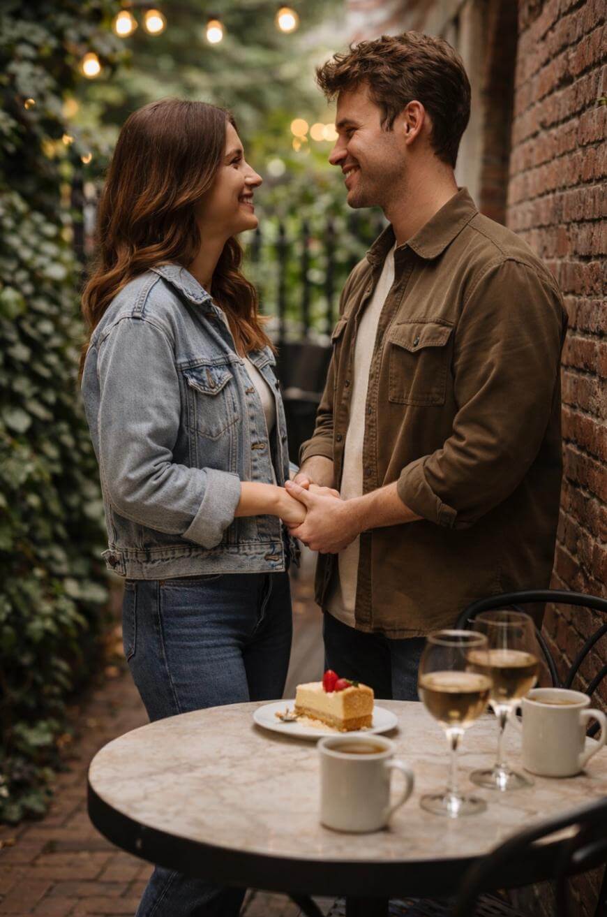 A couple stands holding hands and smiling at each other beside an outdoor café table with two slices of cake, two glasses of white wine, and two mugs. String lights and greenery decorate the background.