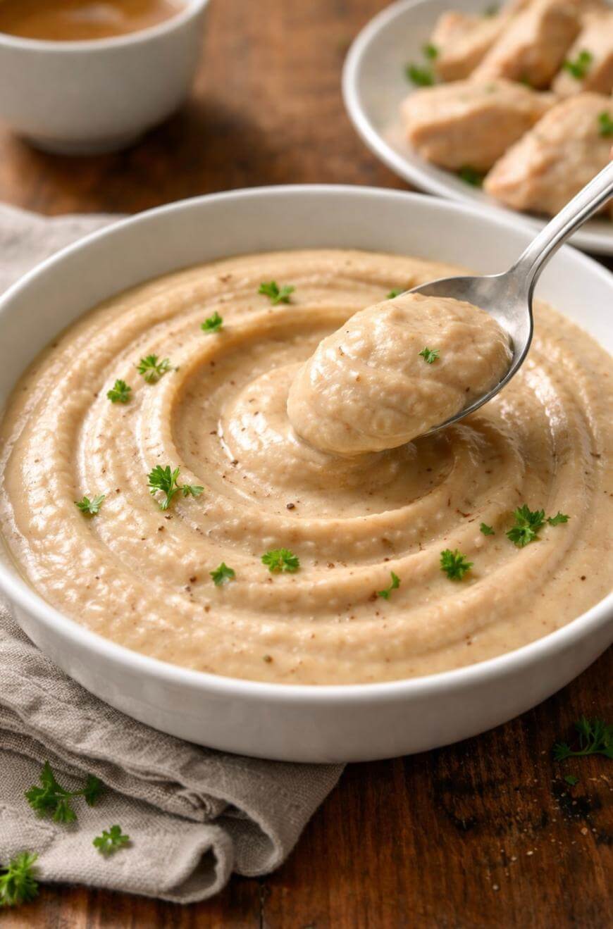 A bowl of creamy mashed potatoes garnished with chopped parsley, with a spoon lifting a portion. In the background, there is a plate of food and a cup of gravy on a wooden table.