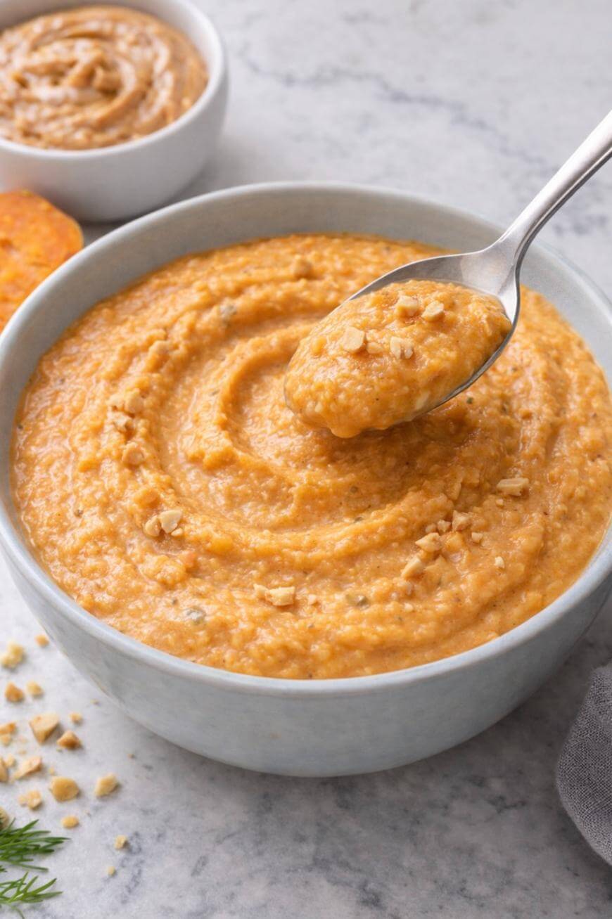 A bowl of creamy orange soup, topped with crushed nuts, with a spoon scooping some out. A smaller bowl of the same soup and a slice of bread are in the background on a light marble surface.
