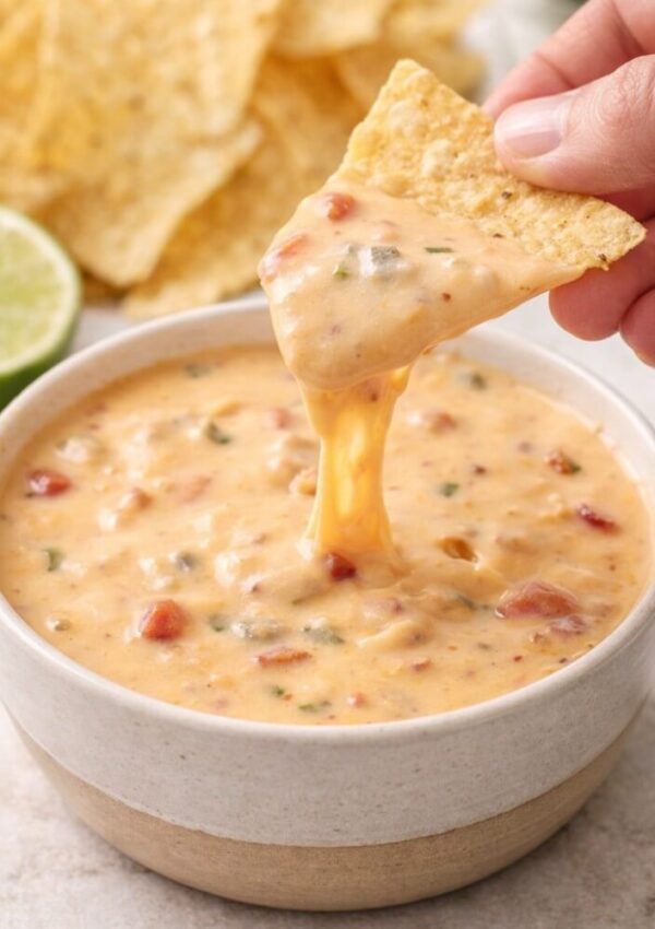 A hand dips a tortilla chip into a bowl of creamy queso dip with visible tomato and herb pieces, with more chips and a lime in the background.