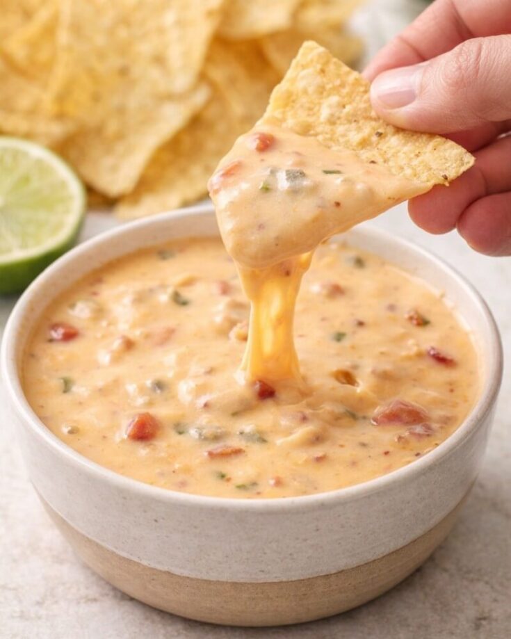 A hand dips a tortilla chip into a bowl of creamy queso dip with visible tomato and herb pieces, with more chips and a lime in the background.