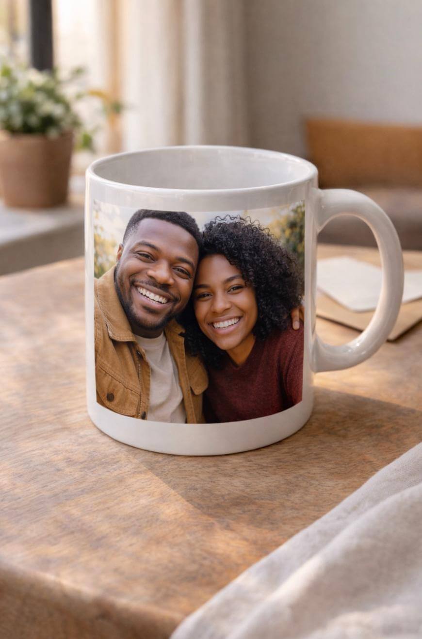A white mug sits on a wooden table, featuring a photo of a smiling man and woman taking a selfie together. A blurred plant and window can be seen in the background.