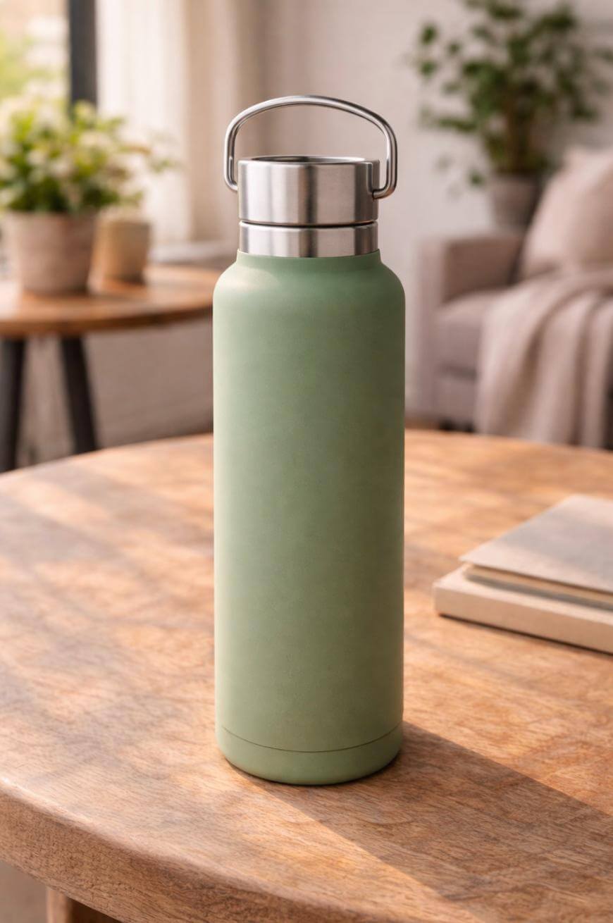 A green stainless steel water bottle with a metal lid sits on a wooden table. In the background, there are blurred plants, books, and a beige sofa in a cozy, well-lit room.